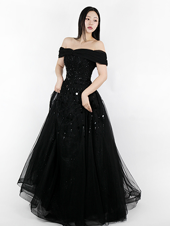 블랙 비즈 셔링 오프숄더 드레스 (S-6XL코르셋) 블랙셀프웨딩 2부 피로연 빅사이즈 연주회 콩쿨